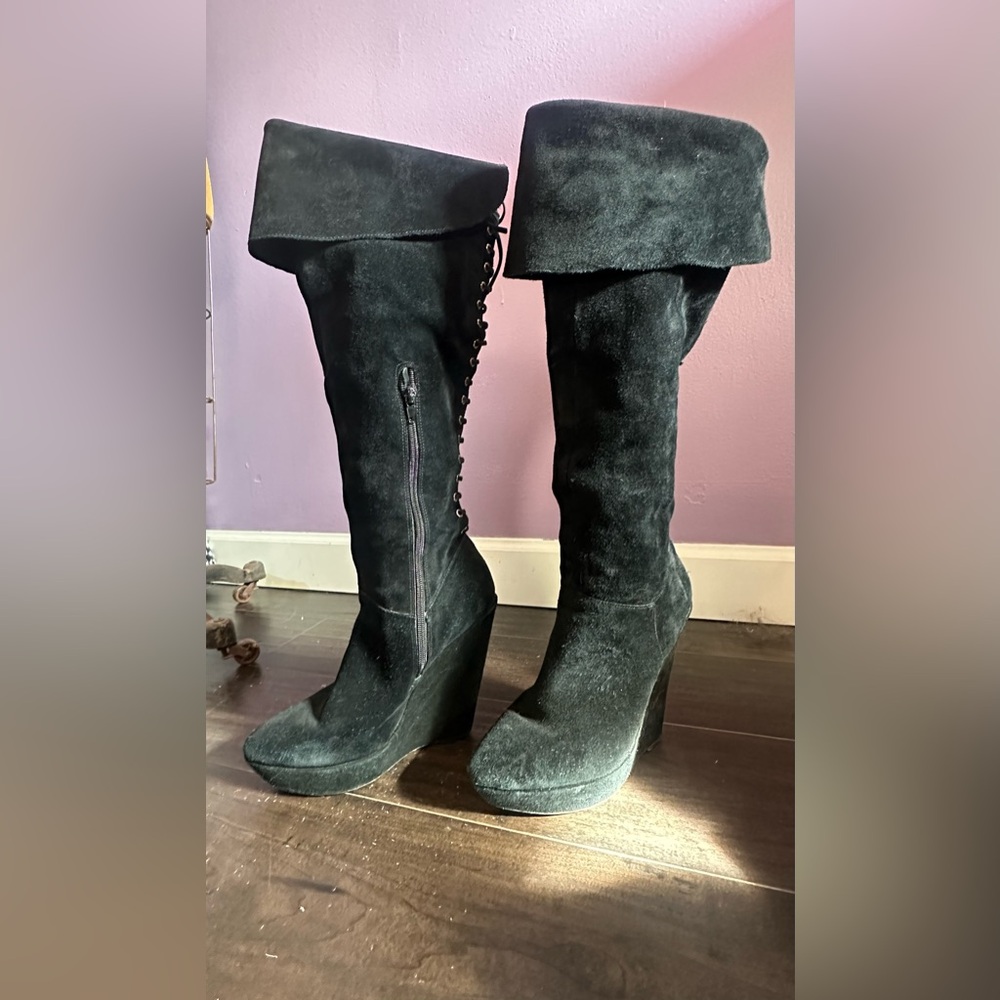 Platform Laceup Suede Black Heeled Boots  SZ 9